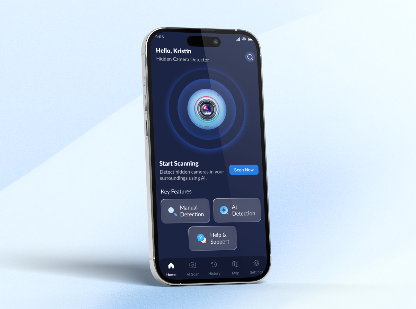 AI Hidden Camera Detector App ai app app design camera camera detection dark theme design detection hidden camera mobile mobile app mobile app design ui uidesign uiux ux