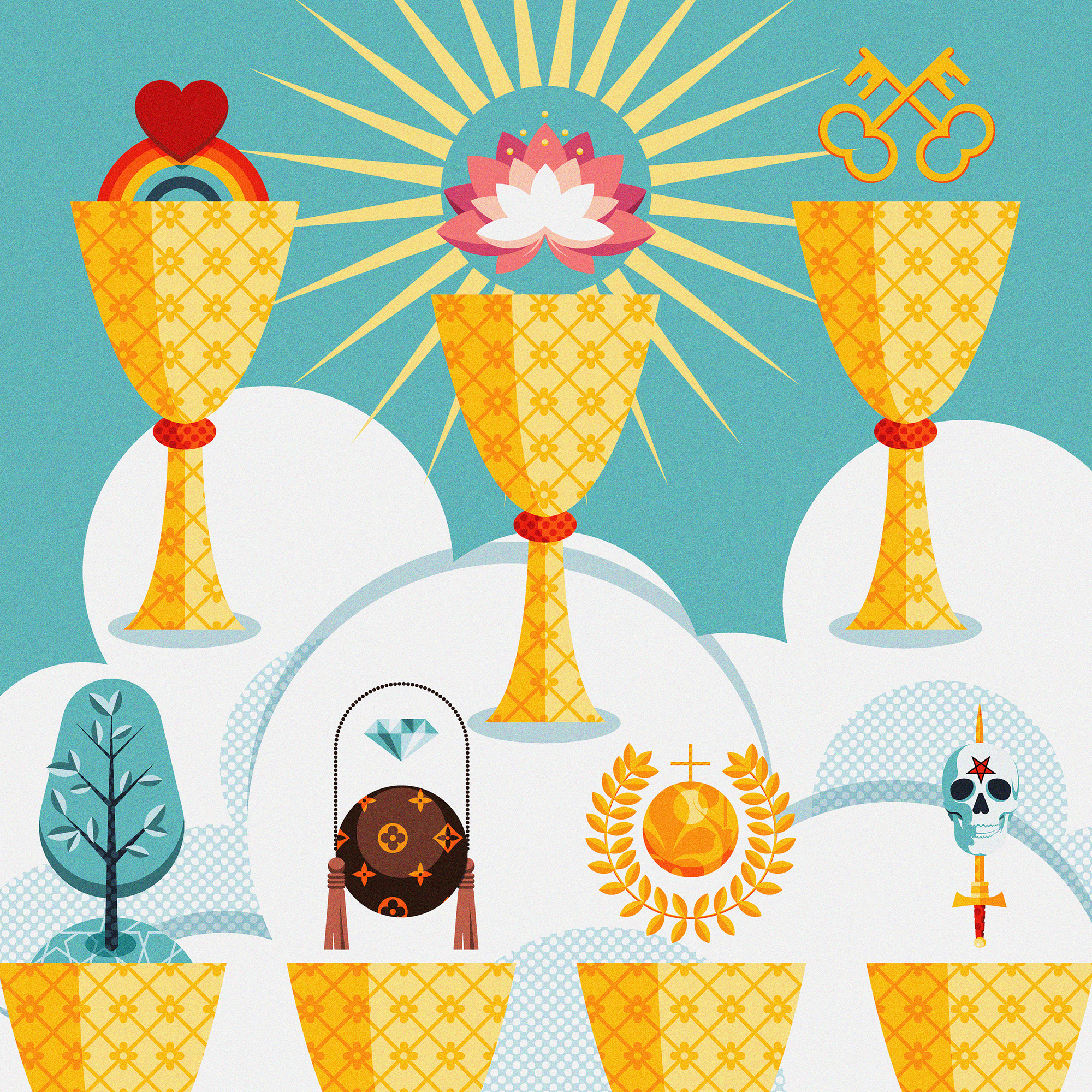 Arcana Minor - 7 of Cups 7 of cups adobe illustrator blue cards choice contrast cups daily art deck design direction flat design illustration playing cards stylized tarot vector vector artist vector illustration