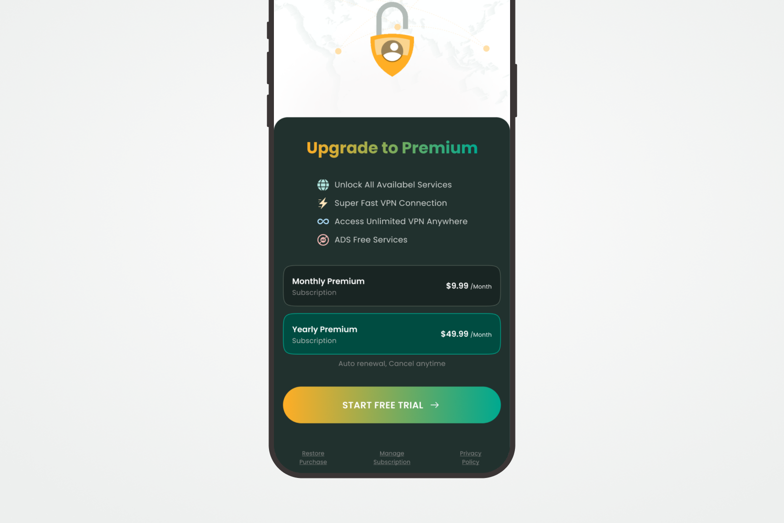 Premium Plan Screen - VPN Mobile App digital product iap in app payment plan payment type plus version premium features premium plan pricing cards pricing page purchase subscription user friendly vip plan vip version