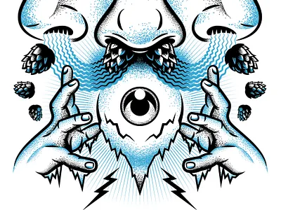 Dank Dive beer branding brewery craft beer crystal ball dank dive eye frozen grain hands hops ice illustration lightning mythical nose smell stipple sunburst vector