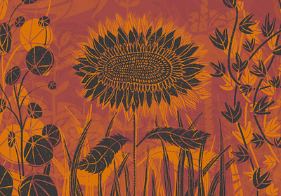 Wading Sunflower art blockprinting botanic botanical color colorful design editorial illustration nature palette procreate whimsical woodblock