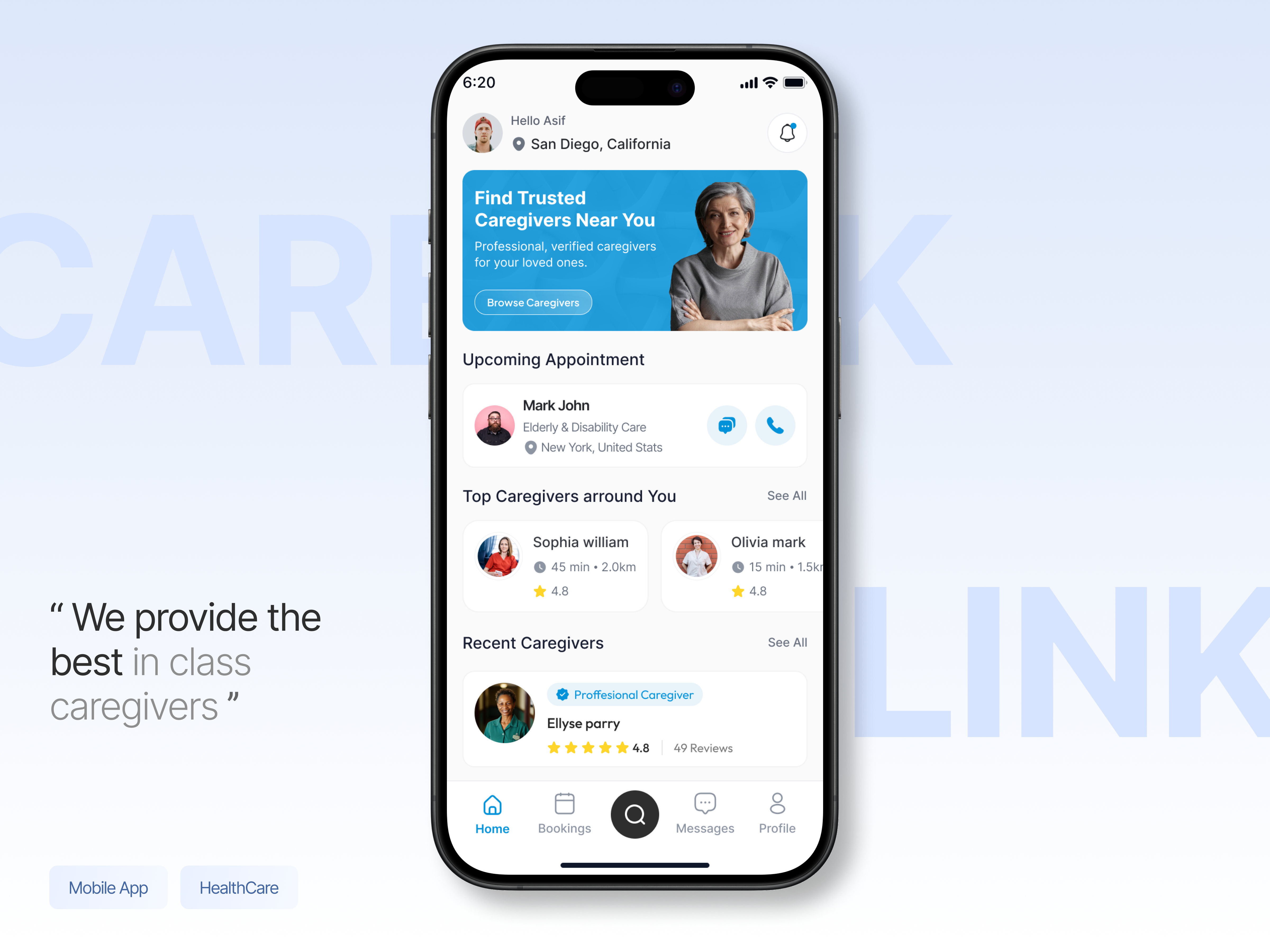 Caregiving Mobile App UI Dashboard - For Effortless Support app screen design appdesign care management caregiver app caregiver discovery caregiver support caregiving marketplace app elder care family care graphic design healthcare mobile app mobile app design oldage support patient care ui ui ux design uiuxdesign user management ui