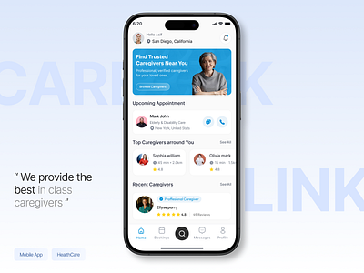 Caregiving Mobile App UI Dashboard - For Effortless Support app screen design appdesign care management caregiver app caregiver discovery caregiver support caregiving marketplace app elder care family care graphic design healthcare mobile app mobile app design oldage support patient care ui ui ux design uiuxdesign user management ui