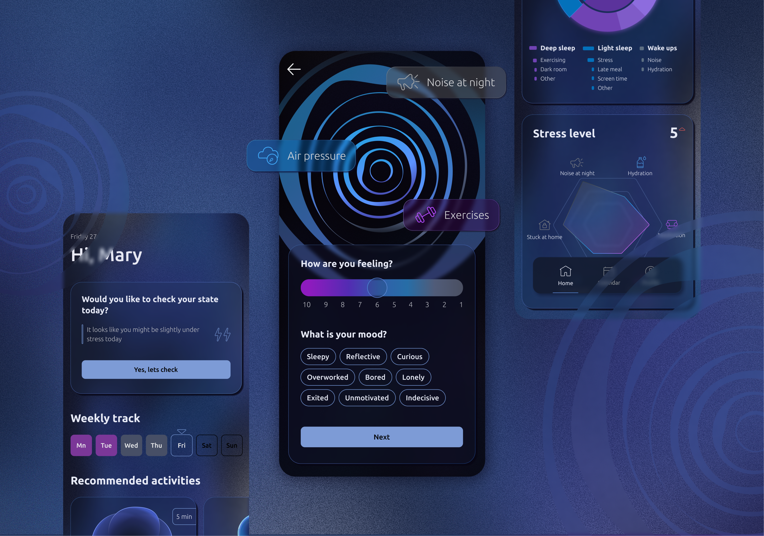 Caring About Emotions — Mobile App Concept calm clean design dark ui data visualization glassmorphism gradient illustration meditation mindfulness mobile mobile app neumorphism self care stress tracking ui wellbeing wellness