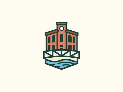 City by a River Logo Concepts architecture brand branding bridge clock tower hiking identity illustration logo logomark mark rapids recreation river small town town trails vector village water