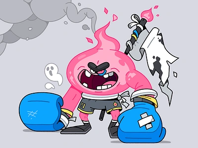 The Pyro Pugilist. 2d angry badguy boxer boxing cartoon character characterdesign fire flag ghost gloves illustration illustrator martialarts pink