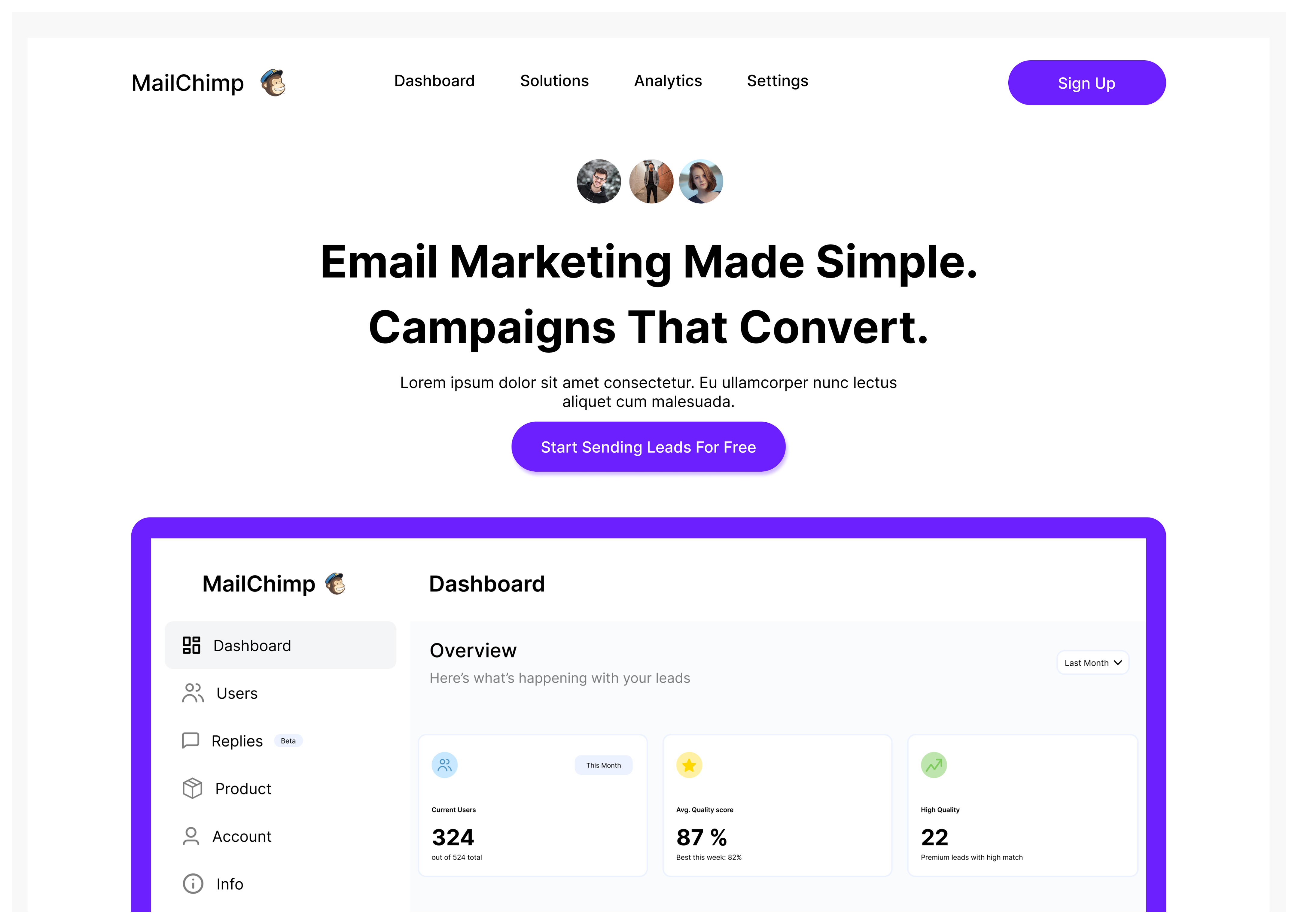MailChimp - Concept landing page analytics campaigns conversion dashboard email figma mailchimp mailinglist marketing webdesign website