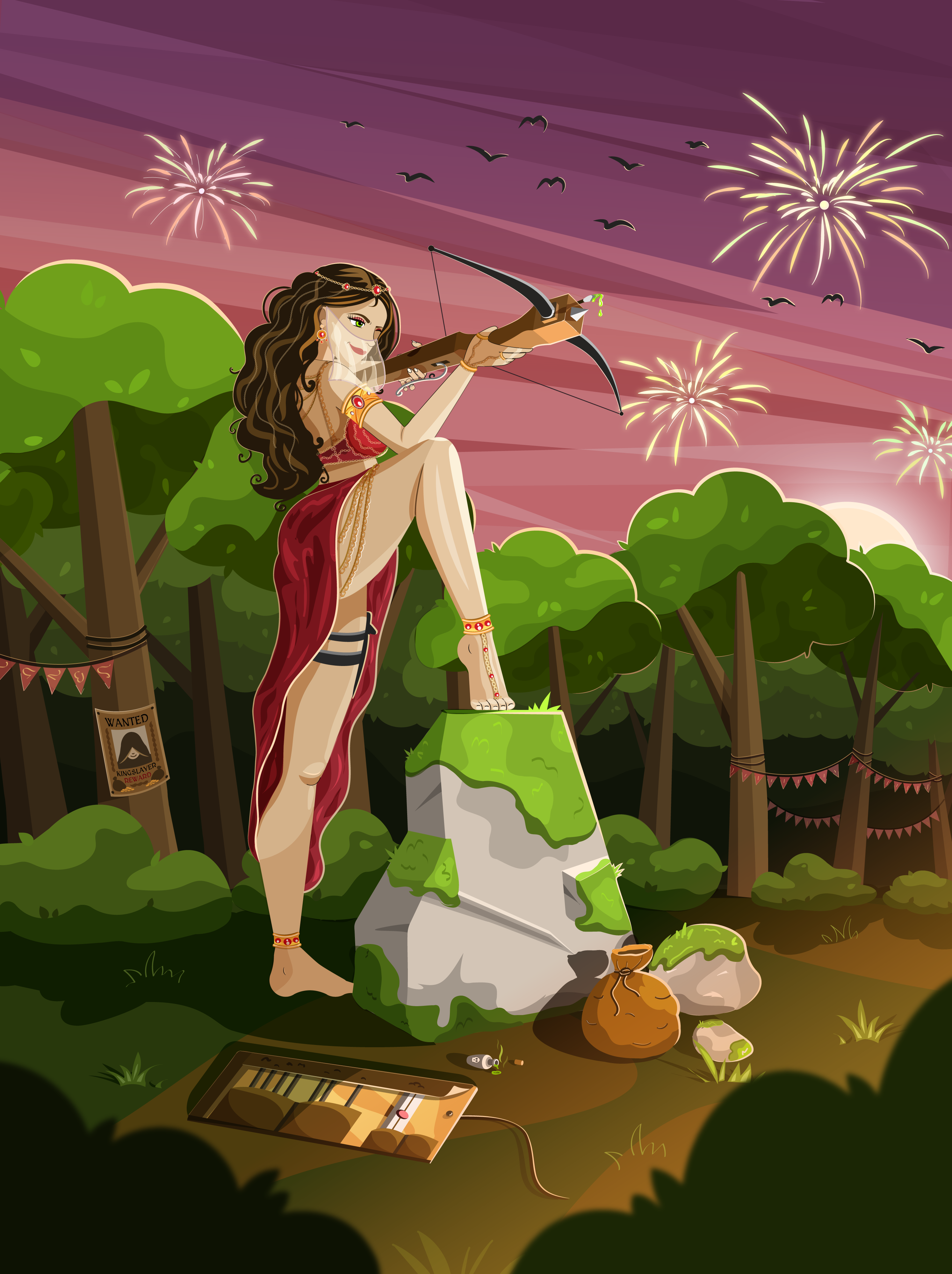 Kingslayer archer assasin character design crossbow fantasy art female warrior fireworks forest girl huntress illustration kingslayer medieval strong woman stylized character vector warrior