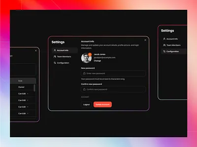 Settings - Account, Team & Configuration avatar button craftora dark mode design dropdown glow gradient input interface modal navigation menu settings tab theme ui uploader ux