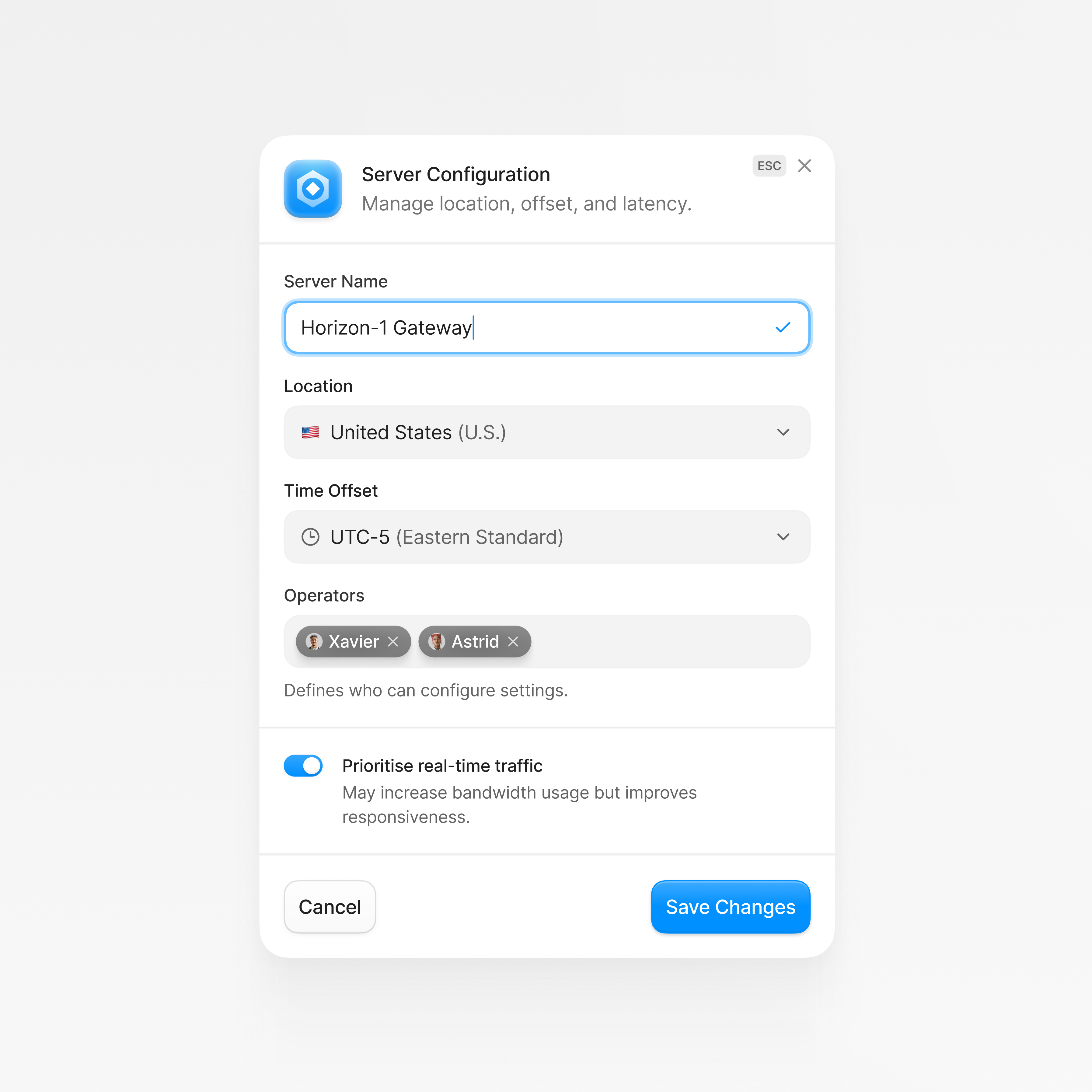 Server Configuration Modal configuration dashboard modal popover product saas ui ux