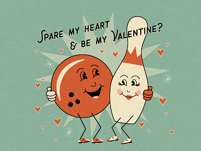 Bowling Valentine ball bowling cute funny graphic illustration pin retro valentine