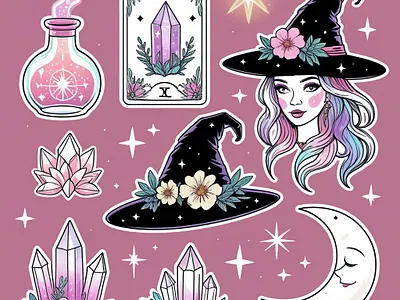 Mystical Witchy Sticker Set ✨🌙🔮 ai art artwork colorful crystal design digital art fantasy illustration magic moon mystical pastel potion stars stickers witch witchhat