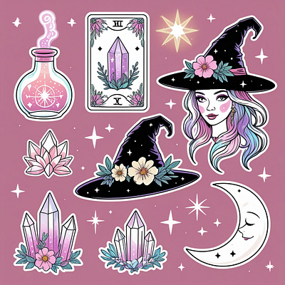 Mystical Witchy Sticker Set ✨🌙🔮 ai art artwork colorful crystal design digital art fantasy illustration magic moon mystical pastel potion stars stickers witch witchhat