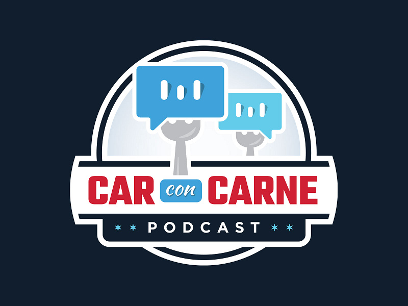 Car Con Carne Podcast Logo - Concept 2 blue brand branding chat circle clean dialogue eat enclosure fork identity logo logotype mark podcast red sophisticated talk talk bubble typography
