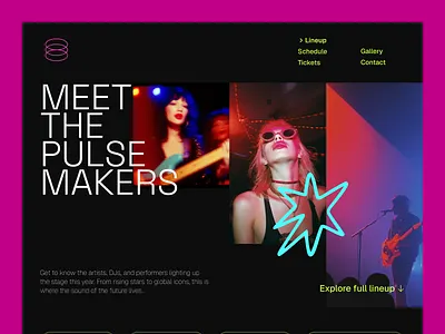 Pulse Fest – Lineup Page artist brutalism dark mode design desktop festival gallery landing page line up minimalism music neon color ui ui design ux website