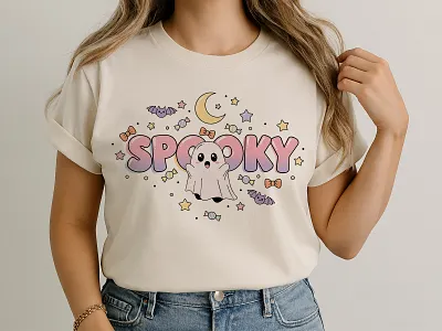 Halloween spooky t shirt design boo candy cartoon cute design ghost graphic design halloween illustration kawaii merch pastel playful spooky stars tshirt typography vector