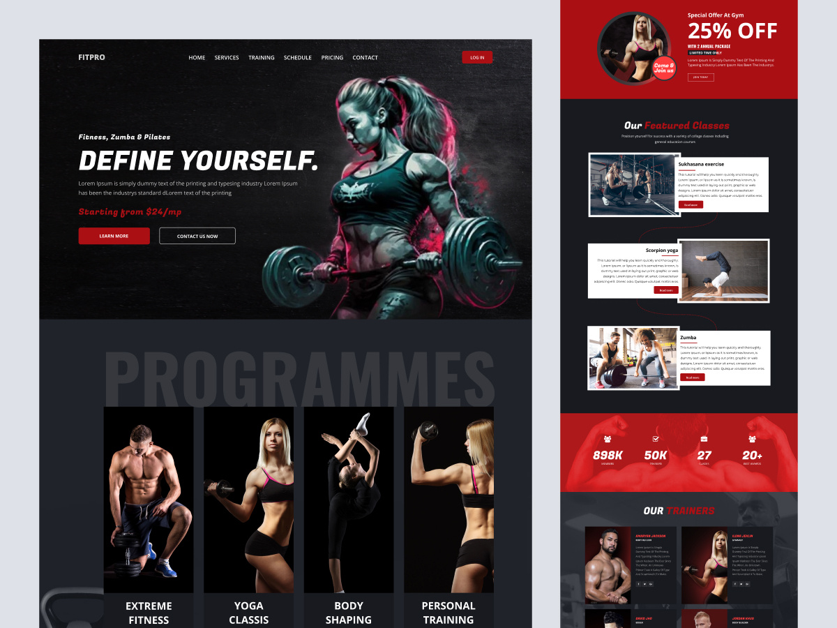 FITPRO - Gym Landing Page animation branding dark mode design fitnes gym gym landing page design gym website design landing page landing page design layout minimalist modern motion graphics neat poppular sport teranding uiux website design