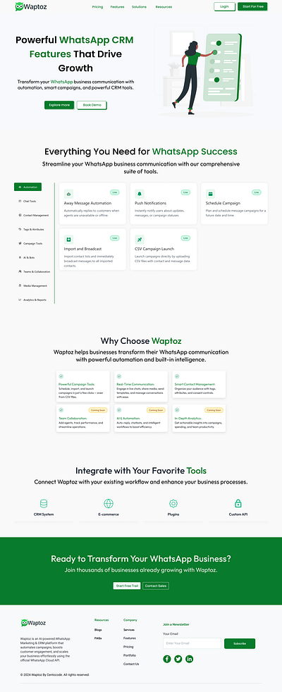 WhatsApp CRM Automation Features – Landing Page UI Design design typography ui ux webdesign