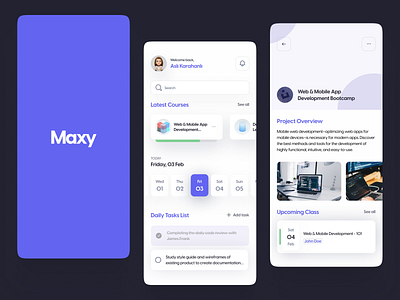 Maxy - Tech Courses 10min calender class course daily deep design high fidelity profile project purple task list tech ui user experience user interface