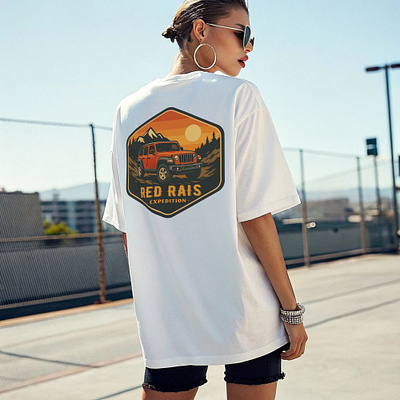 Red Raisa Expedition — Mountain Sunset Off‑Road Badge animation branding custom design design graphic design illustration logo motion graphics retro logo retro typography retro vintage summer design tyopgraphy typography t shirt vintage
