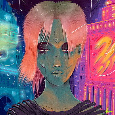 "Cypher girl" art book branding color pencil design digital painting draw dream future girl illustration night portrait scene science fiction vintage water ink