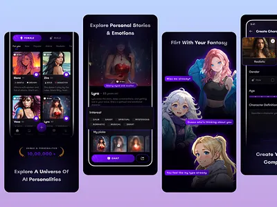 AI Chat Companion – App Store & Google Play Screens ai character customization app ai chat app design ai chat app dribbble shot ai chat app screenshots ai chatbot mobile ui ai companion app ui ai dating app design ai friend app concept anime chat app ui app store screenshot design app ui ux design concept chatbot app ui design dark theme app ui google play screenshot design messaging app ui design mobile app presentation screens mobile app screenshot design mobile app ui kit modern app ui inspiration social chat app ui design