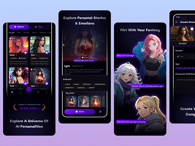 AI Chat Companion – App Store & Google Play Screens ai character customization app ai chat app design ai chat app dribbble shot ai chat app screenshots ai chatbot mobile ui ai companion app ui ai dating app design ai friend app concept anime chat app ui app store screenshot design app ui ux design concept chatbot app ui design dark theme app ui google play screenshot design messaging app ui design mobile app presentation screens mobile app screenshot design mobile app ui kit modern app ui inspiration social chat app ui design