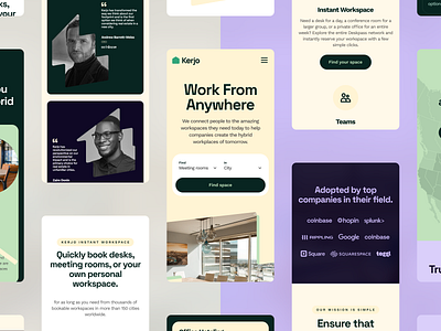 Kerjo - Workspaces Finder branding clean design finder green hybrid landing page minimal product visual purple responsive simple startup visual identity website work work from anywhre workspace yellow