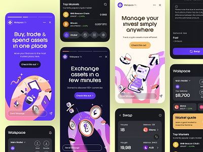 Coin Wallet App app application assets clean app coin crypto cryptocurrency exchange figma illustration market nft pocket purple story swap uiux unspace wallet yellow