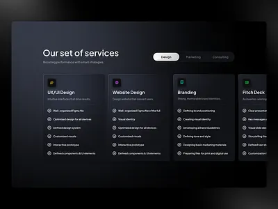 Service Overview with Tabs cards dark services switcher ui