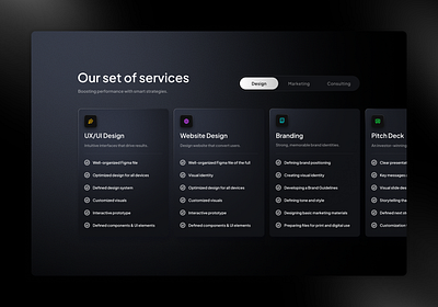 Service Overview with Tabs cards dark services switcher ui