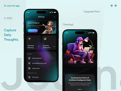 Track AI Mental Health Mobile App - Journal Diary Stats UI ai journal app application diary app ios journal app journal entry journaling app mental health minimal mobile app mood celendar mood tracker app uiux