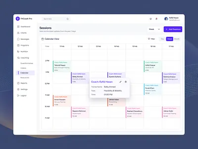 Fitness Coaching Dashboard – Calendar & Session Management UI cleanui dashboard ui design fitness fitness app fitness calendar design fitness coaching dashboard ui fitness dashboard gym gym trainer modern coaching web app ui modern ui personal trainer management tool ui ui design uiux web design wellness dashboard workout session scheduler app