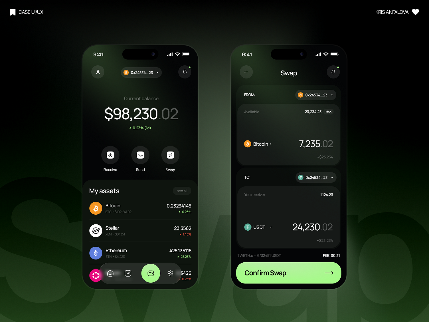 Crypto Wallet App — Dark UI/UX Design by Kris Anfalova on Dribbble