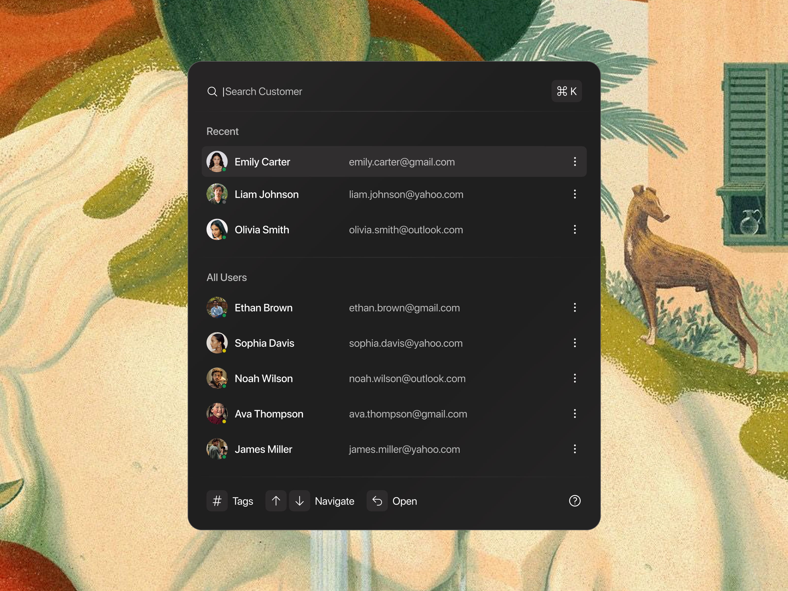 User Directory Modal app design contacts dark mode dashboard directory email exploration interface minimal modal productivity search ui user list ux