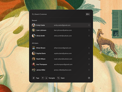 User Directory Modal app design contacts dark mode dashboard directory email exploration interface minimal modal productivity search ui user list ux