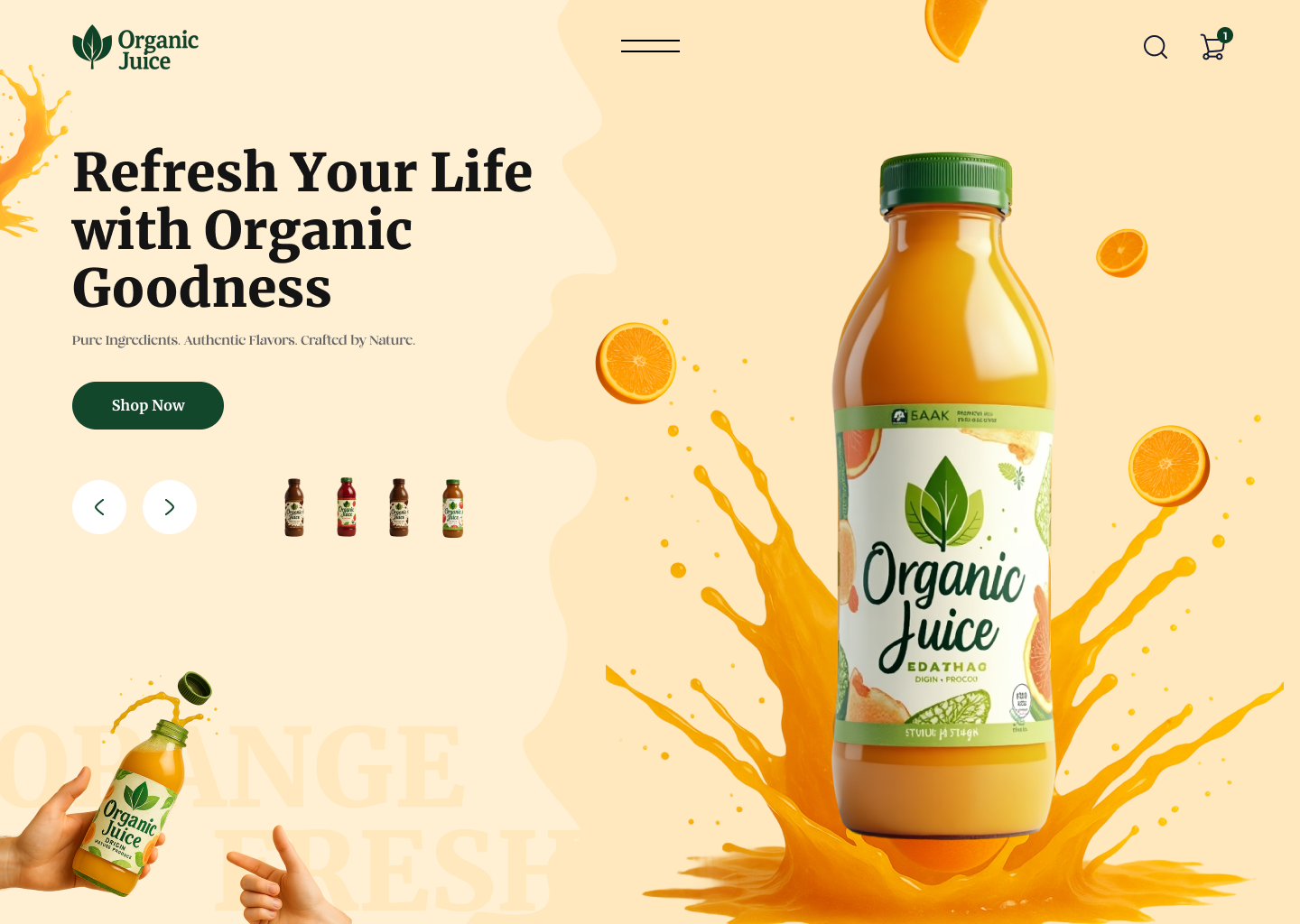 Organic Juice Website Header – Fresh, Bold & Healthy ecomheader ecommerccedesign figmadesign foodbranding healthylifestyle herosection loadingpage organicjuice productdesign uiux webdesign