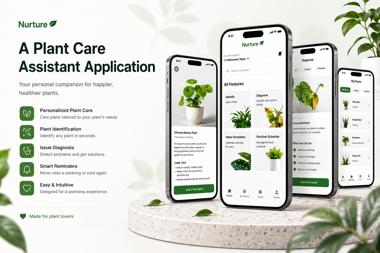 Nurture appdesign figmadesign gardeningapp greenui mobileappdesign mobileui natureapp plantapp plantappdesign plantappui plantcareapp plantdiagnosis plantidentification plantmobileapp planttracker productdesign ui ux uidesign usercentereddesign uxdesign