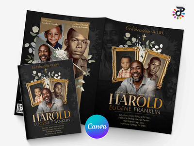 Golden Farewell Canva Obituary Template mockup presentation