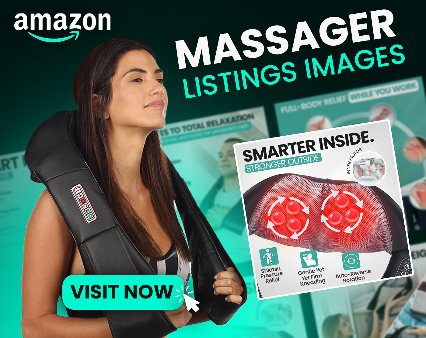 Amazon Listing & A+ Content | Shiatsu Neck Massager with Heat a content amazon amazon listing design branding e commerce graphics graphic design health wellness infographic design logo motion graphics neck massager product lifestyle images relaxation device self care branding wellness product design