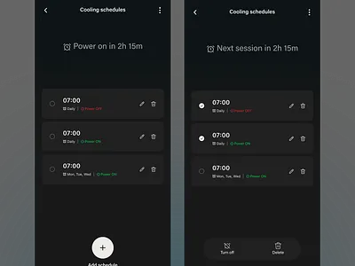 Cooling Schedule UI darkui dashboard design iot mobile app scheduling smartdevices ui