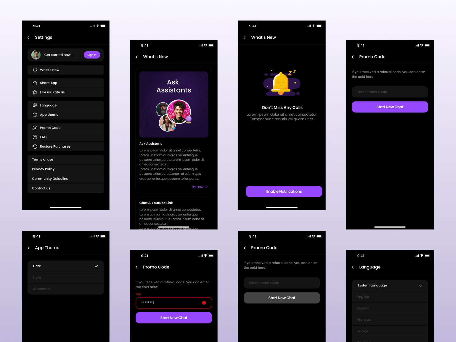 Example of Mobile App Settings Flow – Dark UI