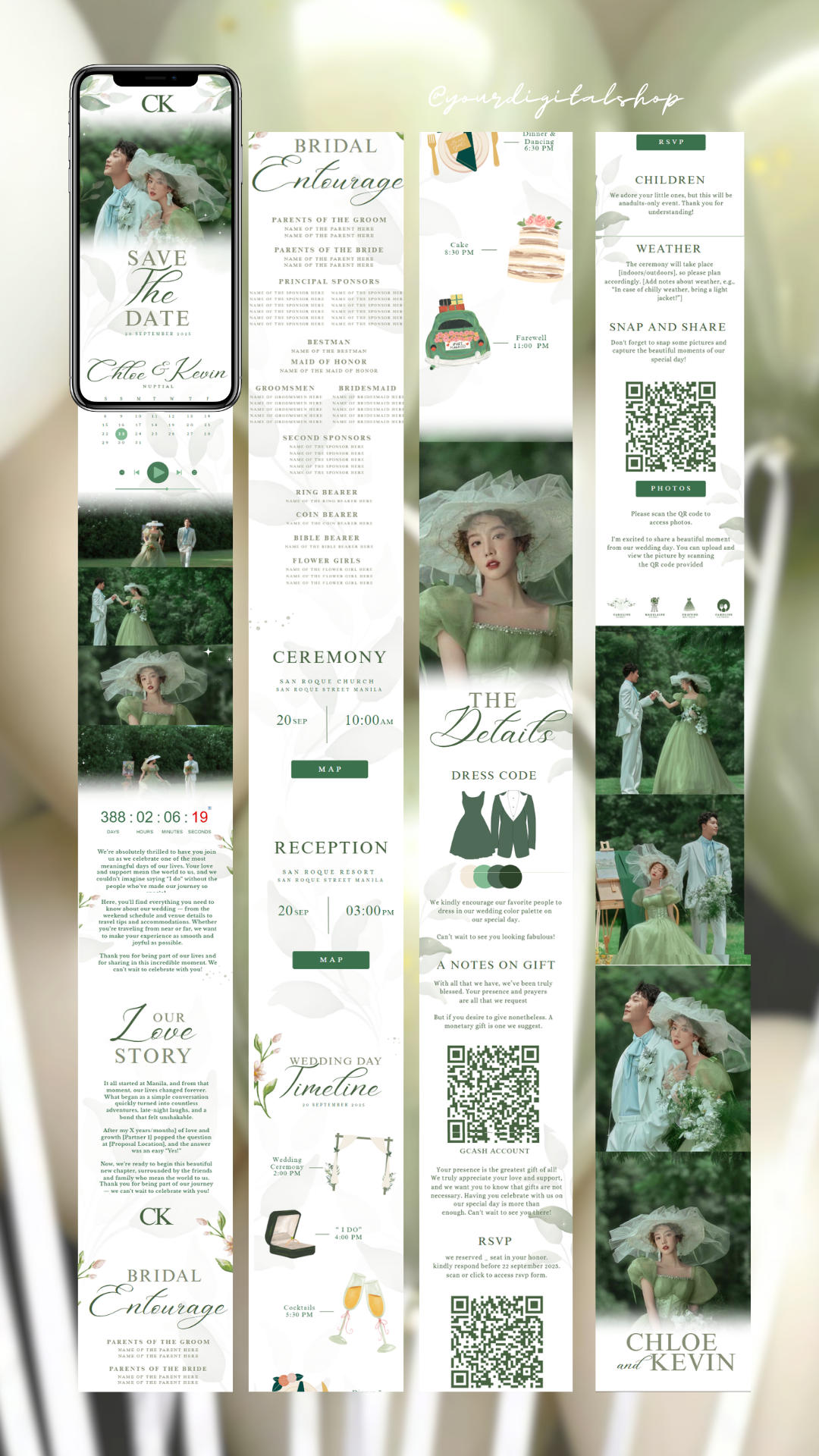 Elegant White and Green Floral Wedding Website Template canvatemplate design graphic design invitation ui websitetemplate wedding weddingtemplate