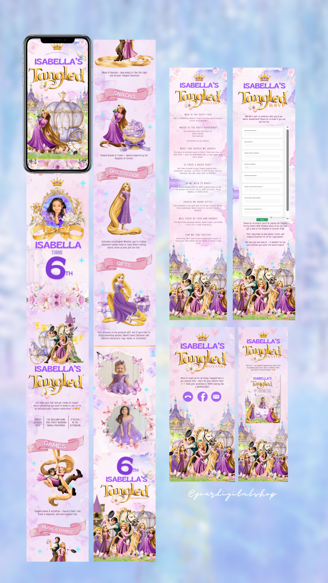Fairy Tale Princess Birthday Website Template animation birthday birthdaytemplate canvatemplate graphic design invitation kidsbirthday princessbirthday tangledbirthday ui websitetemplate