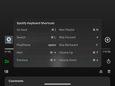 Refined Spotify iPad Keyboard Shortcuts Concept blur concept dark mode feature glass gradient improve ios ipados keyboard overlay podcast refine shortcut spotify suggestion ui ux