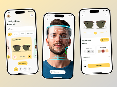 Sunglasses E-Commerce Mobile App ai app design artificial intelligence e commerce ecommerce app face scanning facial recognition fashion fashion app ios mobile app mobile design online shop shopping sunglasses sunglasses shop ui ux