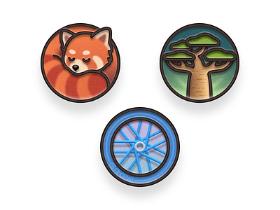 Badges 🔴🐼🌳🛞 animal badge baobab tree cute cycling graphic design growpal icon illustration ios app iphone 17 pro cosmic orange logo nature pin red panda sleep sticker texture tyre wheel