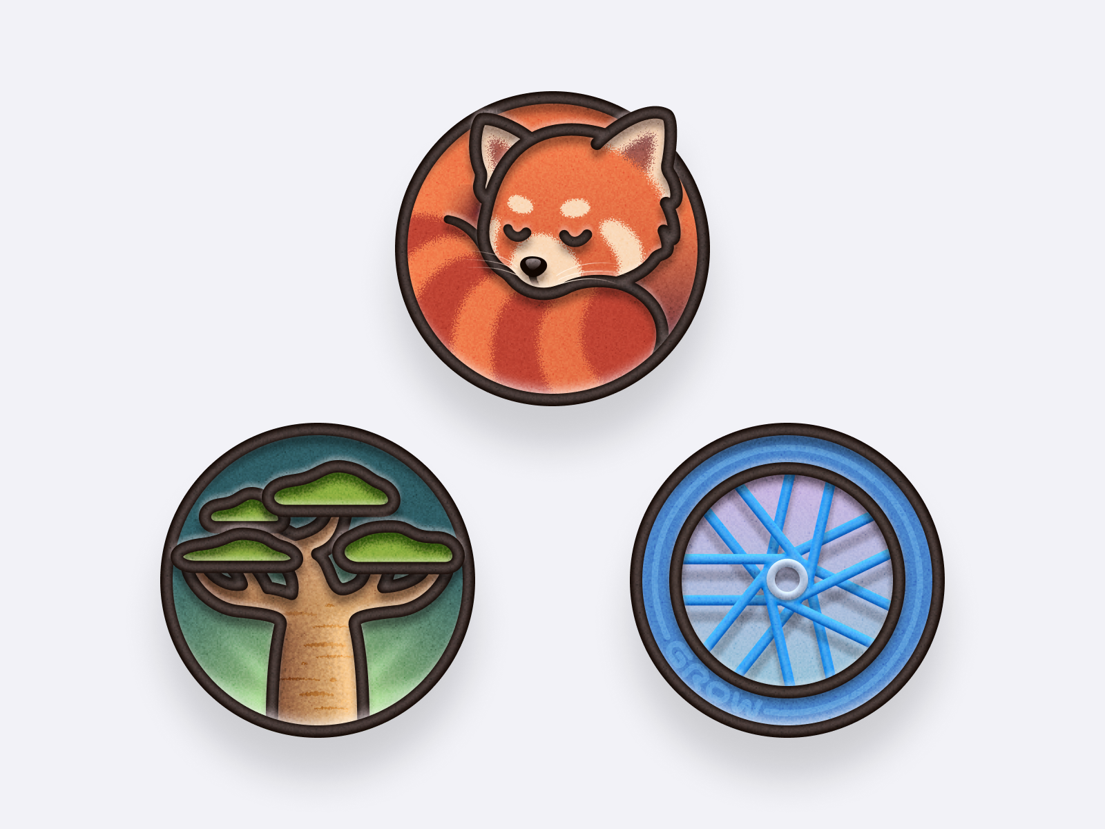 Badges 🔴🐼🌳🛞 animal badge baobab tree cute cycling graphic design growpal icon illustration ios app iphone 17 pro cosmic orange logo nature pin red panda sleep sticker texture tyre wheel