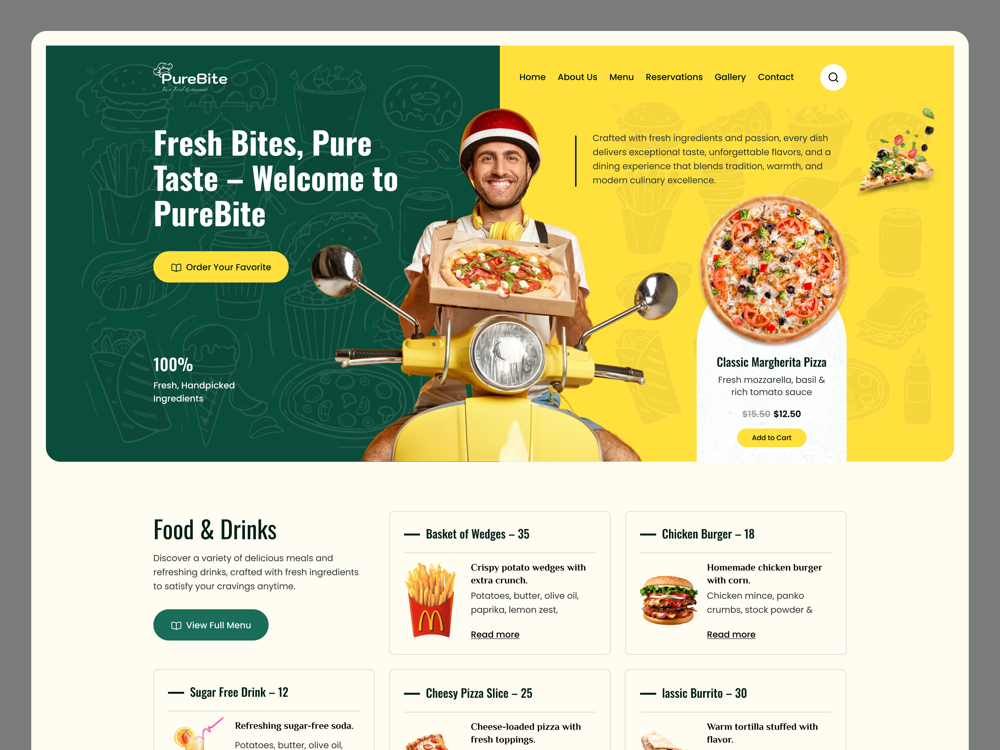 PureBite Fast Food Restaurant Landing Page chef dribbble food foodies foodwebsite hero kitchen landingpagedesign menus michellin purebite restaurantlandingpage restaurantui ui uiux webdesign