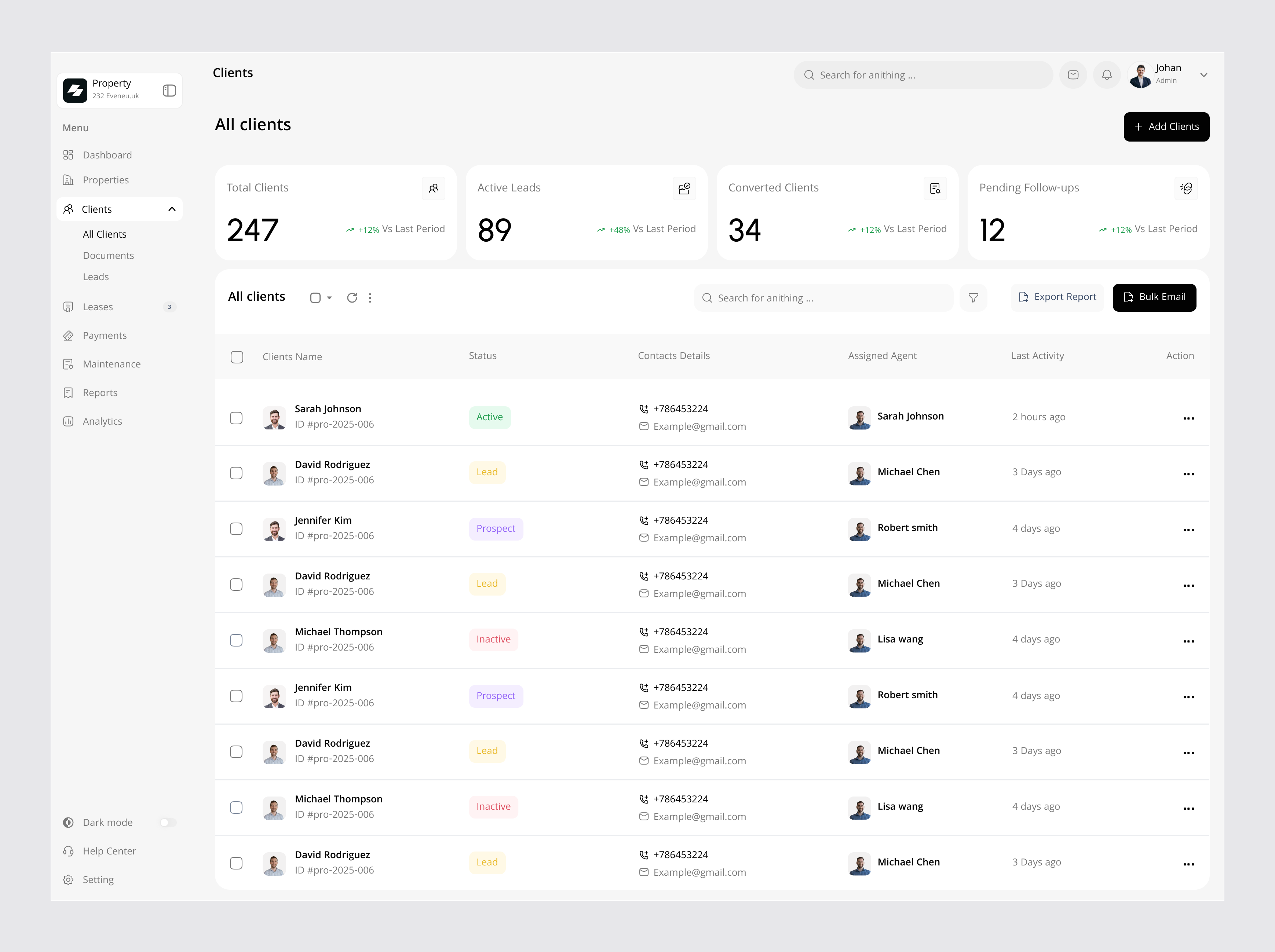Clients page - Real Estate Platform clean crm software crm tools dashboard erp leads leads management property table ui ux webapp